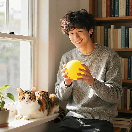 Photograph of a smiling Asian man with curly hair, wearing a gray sweater, holding a yellow ball, beside a tabby cat by a sunlit