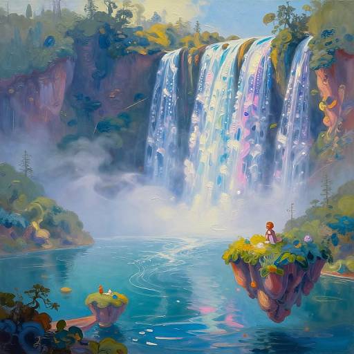 Digital fantasy painting of a vibrant waterfall, surrounded by lush greenery, with a red-haired girl on a floating island, watching colorful lights cascade into a