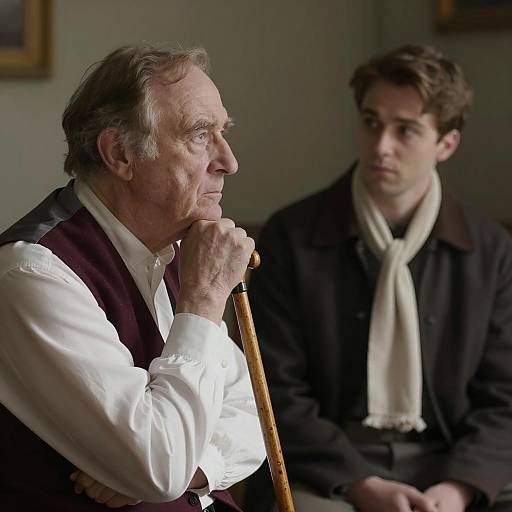 Contemplative Older Man with Young Man in Dim Room