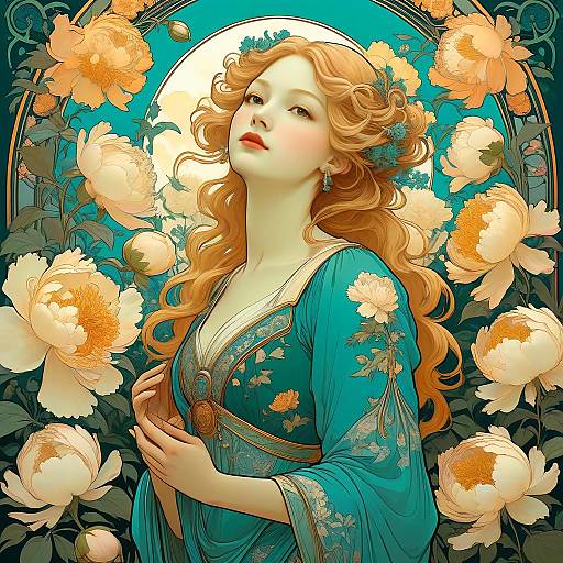 Art Nouveau Woman in Peony Garden