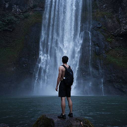 Young Man Exploring Waterfall