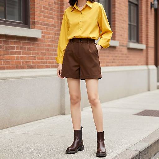 Photograph of a person wearing a yellow button-down shirt, brown high-waisted shorts, black ankle boots, standing on a sidewalk against a red