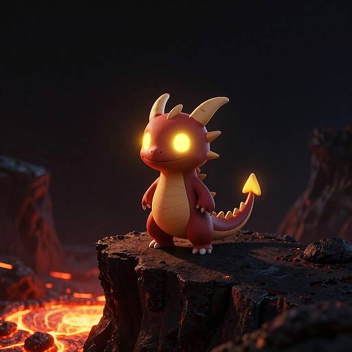 CGI chibi dragon with glowing yellow eyes stands on rocky cliff, surrounded by dark lava-filled landscape, illuminated by fiery lava flow.