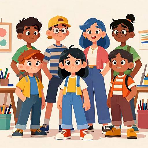 Colorful digital illustration of diverse group of children and teacher in a classroom, wearing casual clothes, standing together, smiling. Background includes art supplies and a
