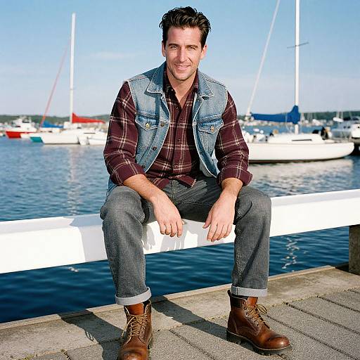 Photograph of a smiling man with dark hair, wearing a denim vest, plaid shirt, gray jeans, and brown boots, sitting on a dock
