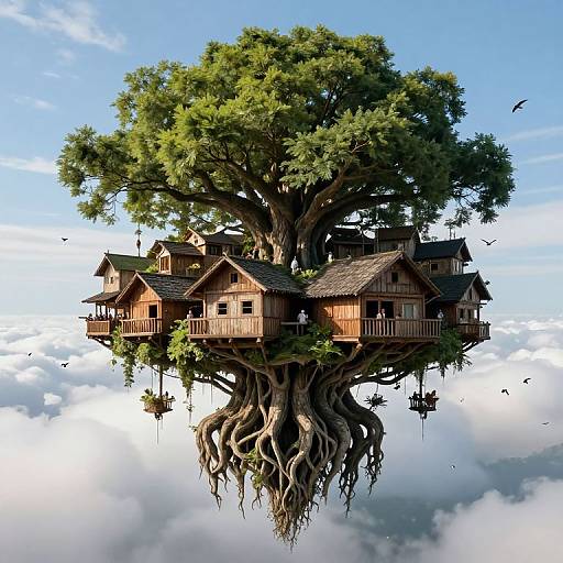Digital art of a whimsical treehouse village, with wooden cabins nestled in a massive, root-studded tree, floating above fluffy clouds. Bright blue