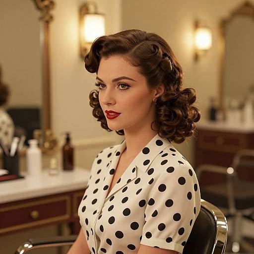 Photograph of a 1940s-style woman with curly brown hair, red lipstick, and white polka dot blouse, sitting in a vintage bathroom