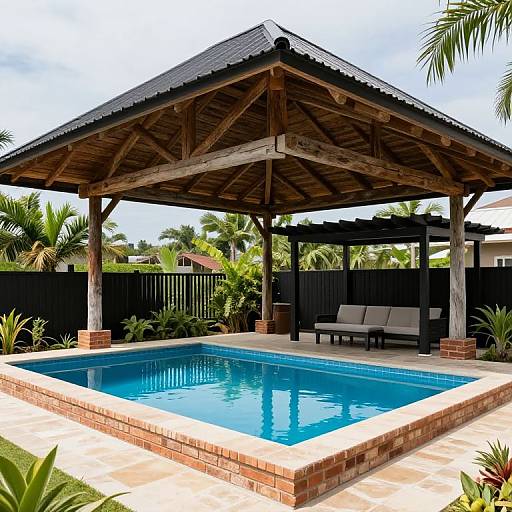 Photograph of a wooden-roofed pool gazebo with blue water, beige tiles, brick borders, black fence, lounge chairs, and tropical plants