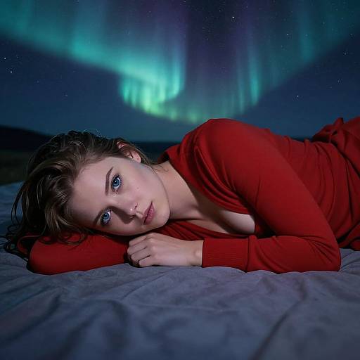 Photograph of a woman with blue eyes, lying on a gray bed, wearing a red long-sleeve top, gazing at the camera under