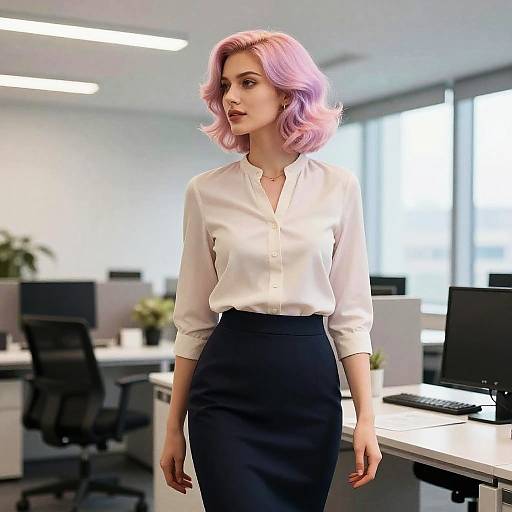Photograph of a woman with pink, wavy hair wearing a white blouse and black pencil skirt, standing in a bright, modern office with desks and