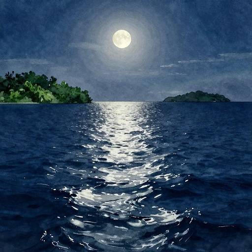 Digital painting of a moonlit night, with a bright full moon reflecting on dark blue, rippling ocean water, and two small, green, forest