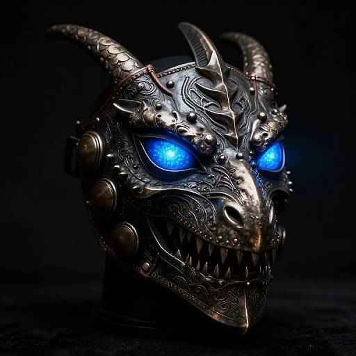 Photorealistic CGI of a metallic, horned dragon mask with glowing blue eyes, intricate patterns, and sharp teeth, set against a dark background.