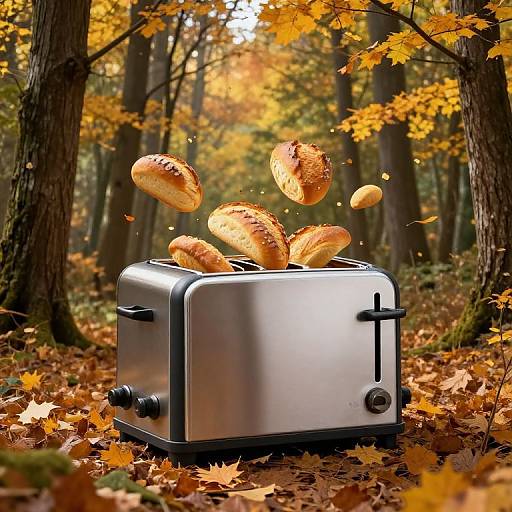 Photograph of a stainless steel toaster in an autumn forest, ejecting toasted bread with golden brown crusts amid yellow leaves.