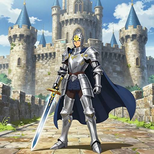 Digital artwork of a muscular male knight in shiny silver armor with a blue cape, holding a sword, standing before a grand castle with blue spires under