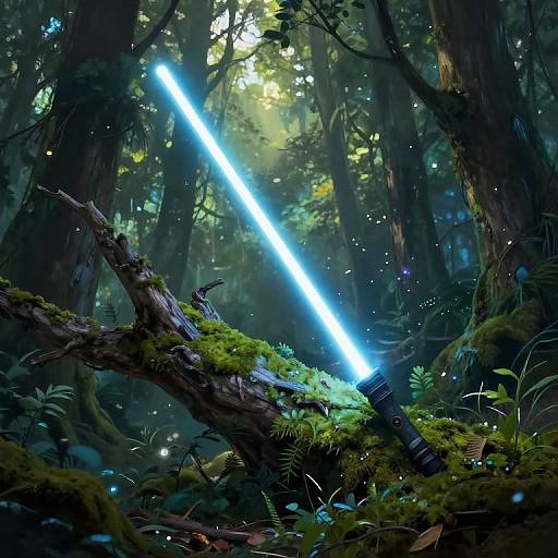 Digital fantasy art: Glowing blue lightsaber embedded in moss-covered fallen log in dense, mystical forest with towering trees and glowing light.
