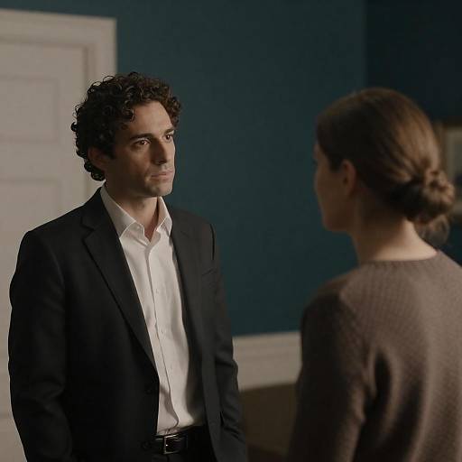 Photograph of a curly-haired man in a black suit and white shirt, standing and facing a woman with a bun, wearing a gray sweater, in
