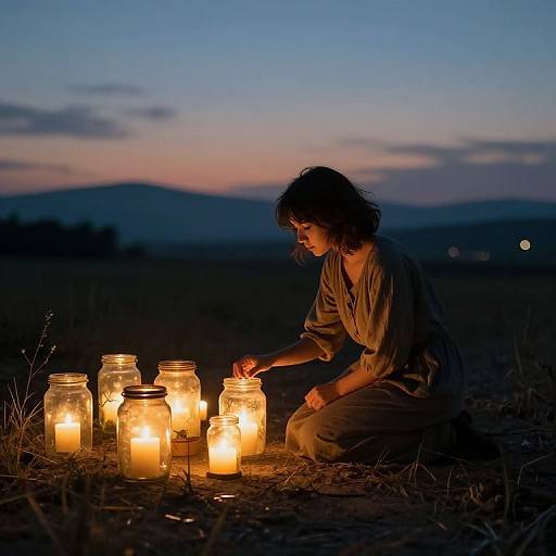 Photograph of a woman with wavy hair, wearing a brown dress, kneeling by glowing mason jars at twilight, illuminating a dark, grass
