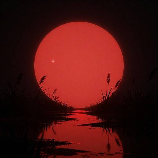 Red Sun Reflection with Silhouetted Grasses