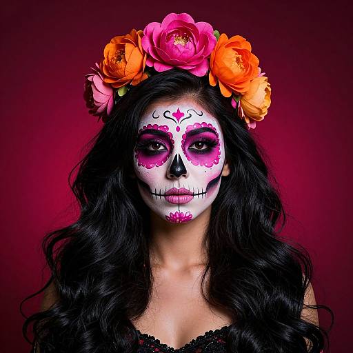 Photograph of a woman with black hair, white face paint, pink and purple sugar skull design, black lace top, and colorful flower crown, set