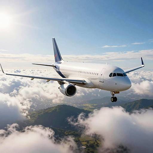 White and Blue Airplane Soaring Above Hills