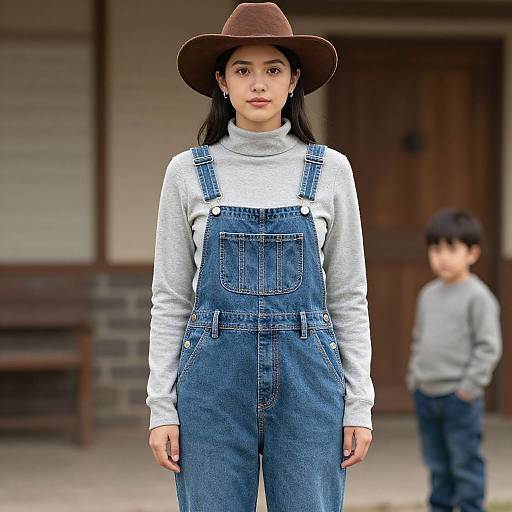 Photograph of an Asian woman with long black hair, wearing a brown hat, gray turtleneck, and blue denim overalls, standing in front