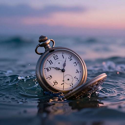 Photograph of an antique silver pocket watch, partially submerged in rippling water, with a sunset sky in the background.