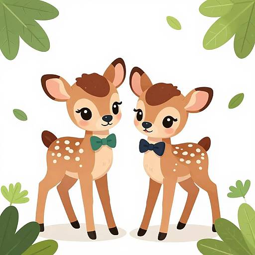 Cute digital illustration of two cartoon deer with large eyes, wearing green and blue bow ties, standing side by side amidst green leaves.