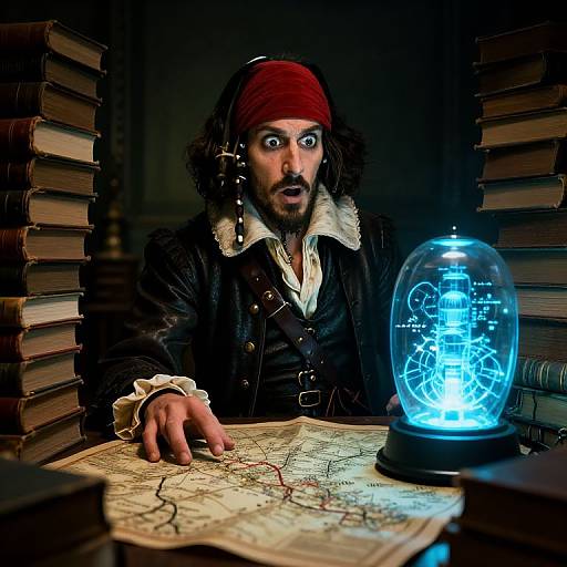 Photograph of a shocked pirate with red bandana, black leather coat, and white shirt, illuminated by a glowing blue crystal ball on a map,