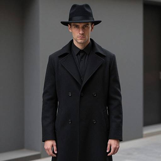 Photograph of a serious, fair-skinned man with a black fedora and black double-breasted coat, standing in a minimalist, gray urban background