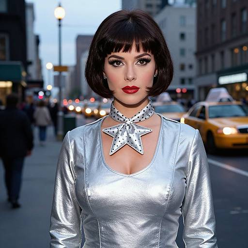 Photograph of a stylish woman with short black hair, red lipstick, and silver metallic top, wearing a star-shaped polka dot choker, standing