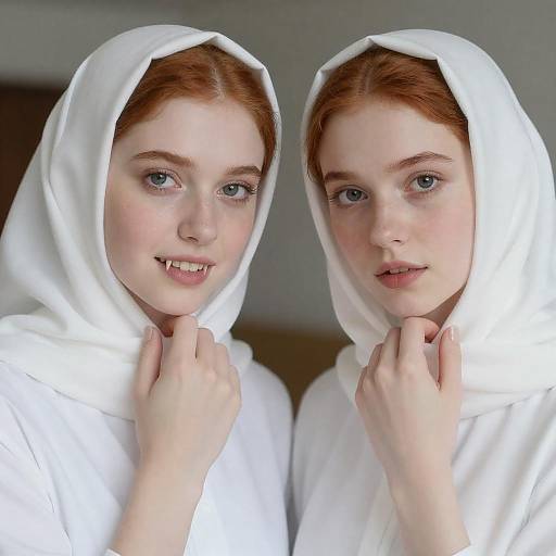 Identical red-haired women with white headscarves