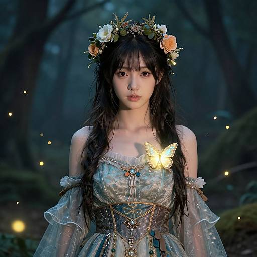Digital artwork of an ethereal Asian woman with long black hair, wearing a floral crown, delicate off-shoulder dress, and glowing butterfly, set