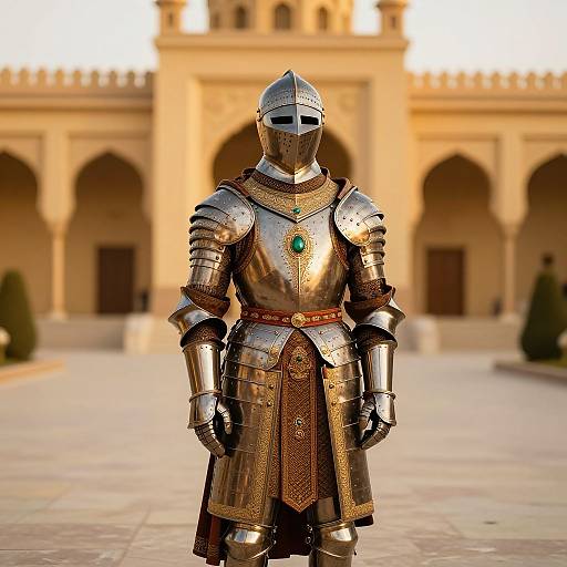 Photorealistic CGI of a medieval knight in shiny silver armor with a green gem, standing in a sunlit, arched courtyard.