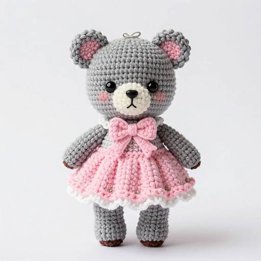 Photograph of a gray, crocheted teddy bear with pink bow, pink skirt, white muzzle, and black eyes, standing against a white