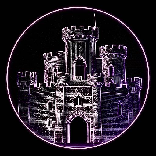 Neon-lit, digital drawing of a medieval castle with cylindrical towers and arched entrances, outlined in white and purple, enclosed within a bright circular