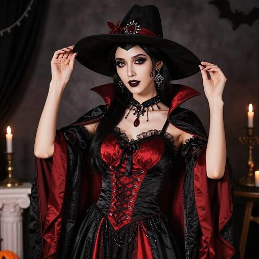 Photograph of a pale-skinned woman in a black and red gothic vampire costume, with a large hat, corset, cape, and dark