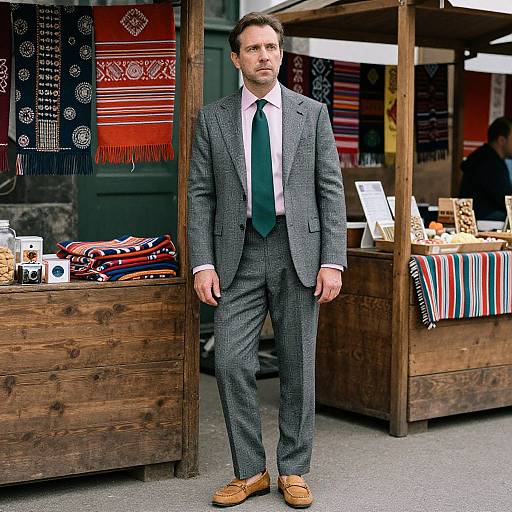 Photograph of a handsome man in a gray suit, white shirt, green tie, and tan shoes, standing in front of colorful, patterned market