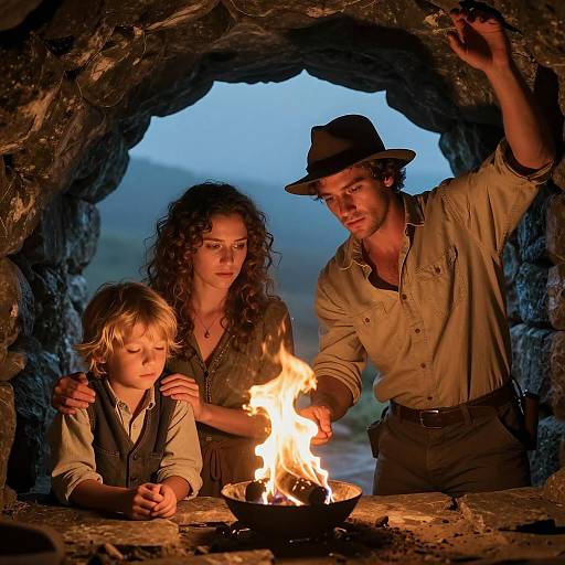 Family Around Fire in Stone Tunnel
