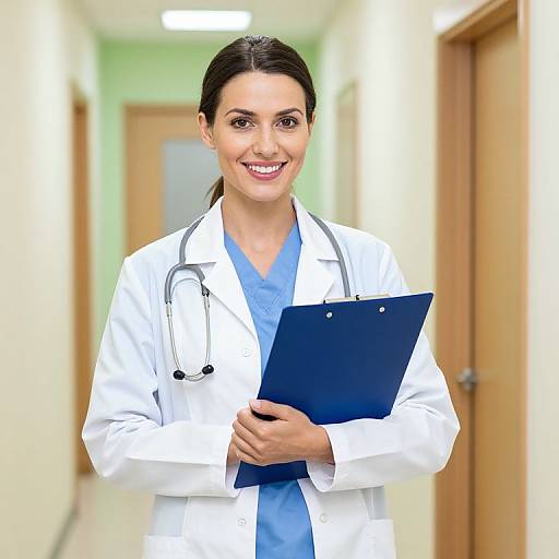 Photograph of smiling female doctor with dark hair, wearing white coat, blue scrubs, stethoscope, and holding blue clipboard, standing in brightly