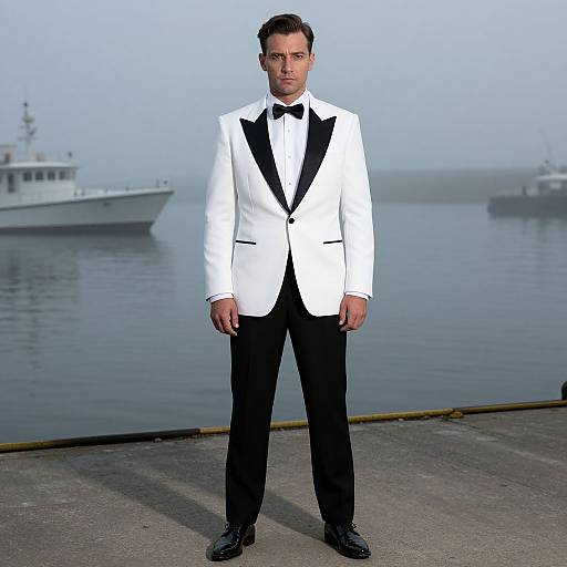 Photograph of a serious man in a white tuxedo with black lapels and bow tie, standing on a dock, with two boats in a