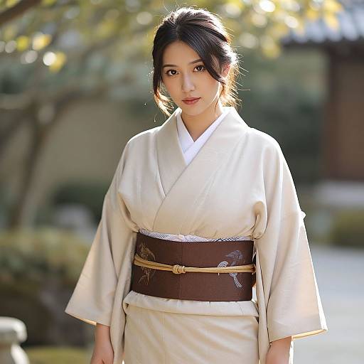 Photograph of an Asian woman with black hair in a traditional beige kimono, brown obi belt, standing outdoors in sunlight.