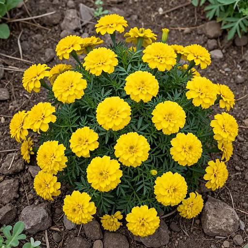 Photograph of a dense cluster of bright yellow marigold flowers with green leaves, situated in a rocky, brown soil garden.
