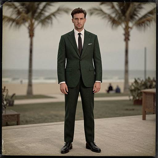 Photograph of a handsome man in a black suit, white shirt, and black tie, standing on a beachside path with palm trees in the background