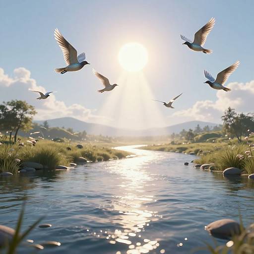 Serene 3D Landscape with Radiant Sun