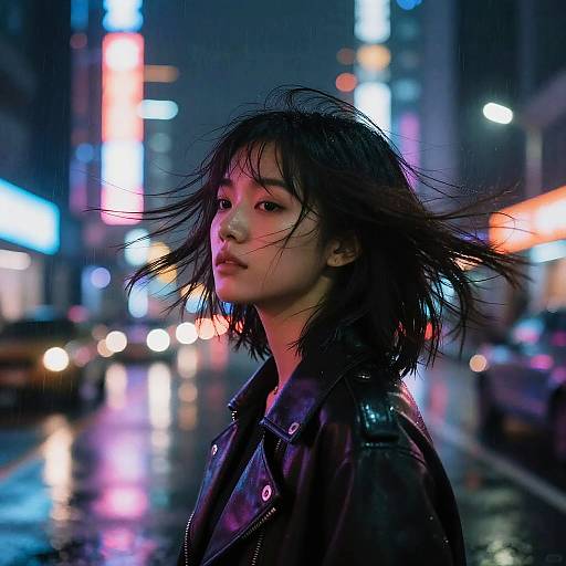 Photograph of an Asian woman with disheveled black hair, wearing a black leather jacket, standing in a neon-lit, rainy urban street at