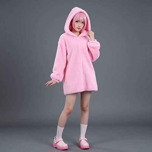 Photograph of a young woman with pink hair, wearing a fluffy pink hoodie, pink sneakers, white socks, standing against a gray background.