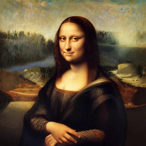 Digital artwork of the Mona Lisa with dark hair, brown eyes, and a subtle smile, wearing a dark shawl, set against a lush landscape.