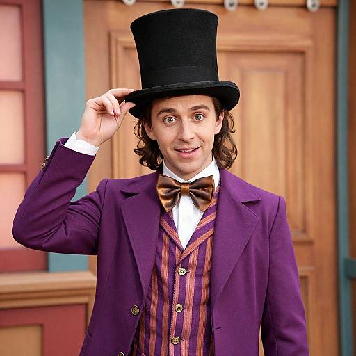 Photograph of a young man with curly brown hair, wearing a tall black top hat, purple jacket, and striped brown vest, smiling while adjusting his