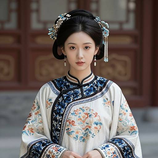 Photograph of a beautiful Asian woman with black hair in an elaborate floral hairpiece, wearing a traditional white and blue floral embroidered Chinese dress, standing in