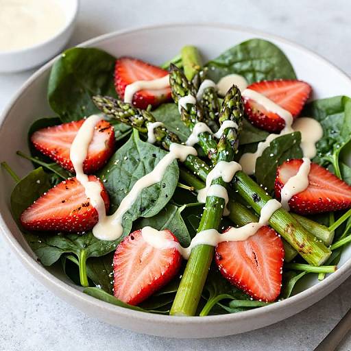 Photograph of a fresh salad with vibrant green spinach leaves, red strawberry slices, grilled asparagus, and creamy white dressing drizzled on top.